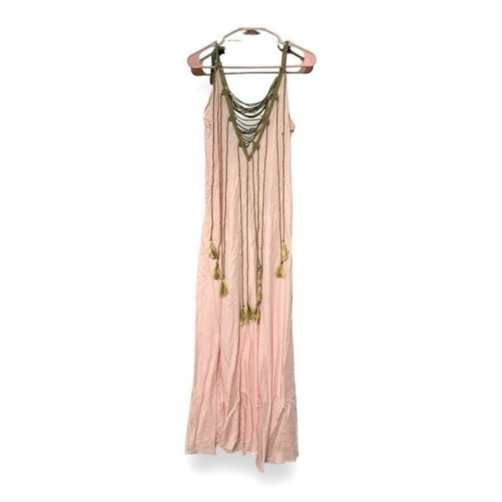 My Beachy Side Monarch Maxi Dress Pink Olive Green Crochet Tassel Resortwear M - Picture 8 of 10